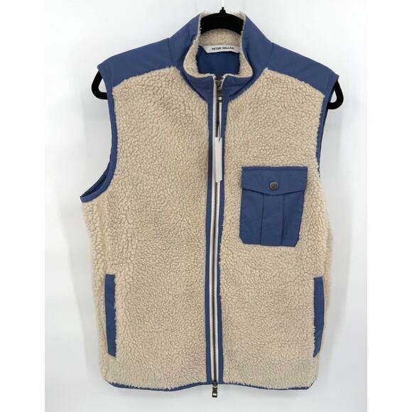 NWT Peter Millar Men's Sandstone Autumn Pile Blue Cream Fleece Vest Size S - Picture 1 of 12